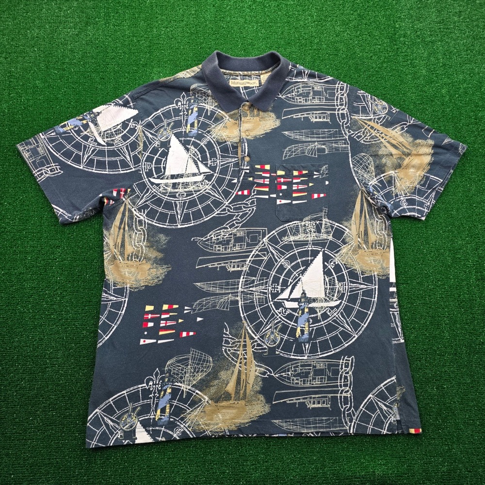 Munsingwear‎ Polo Shirt Mens XL Blue Vintage Nautical Sailboat Compass Print